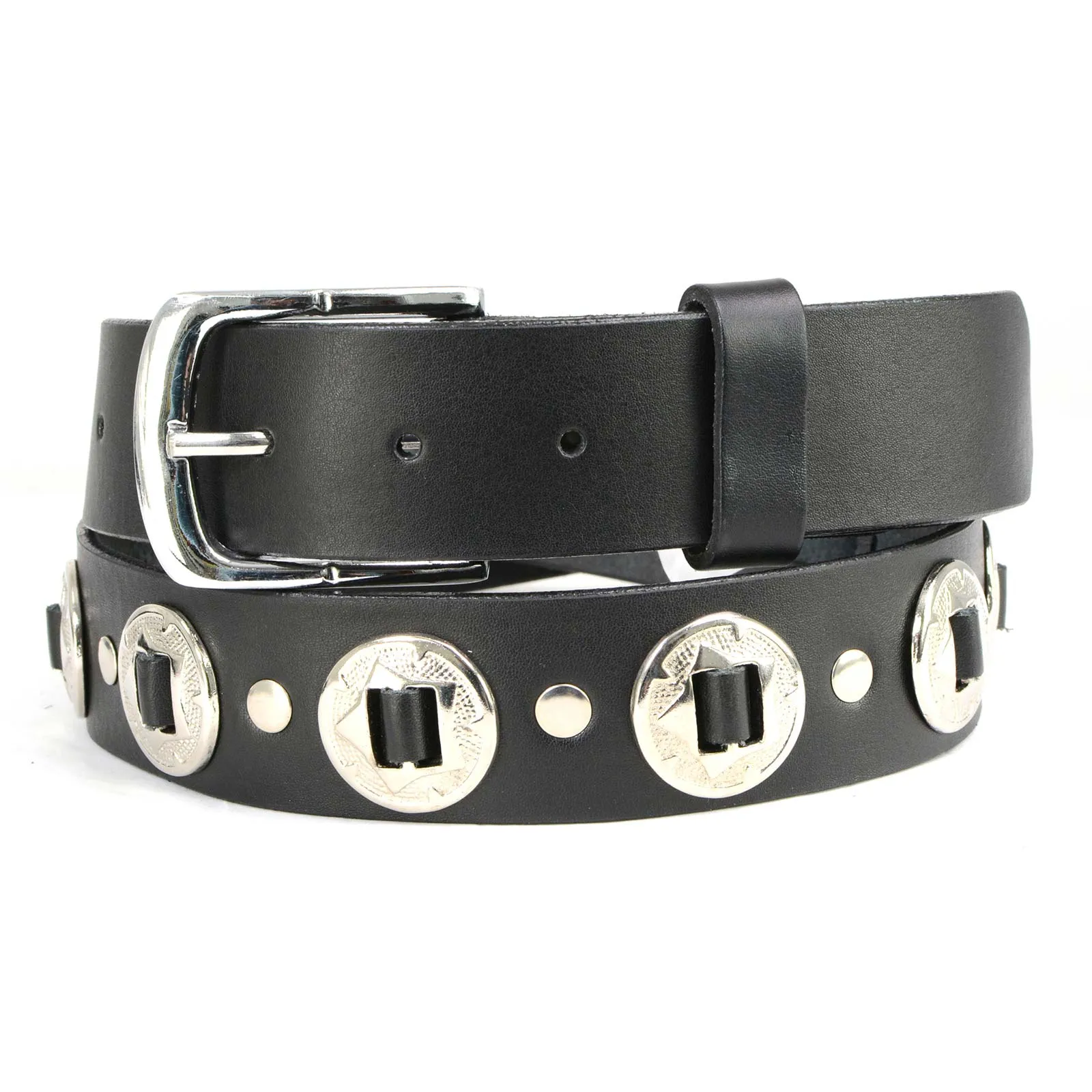 Milwaukee Leather MP7120 Men's Chrome Conchos - Black Leather Belt with Interchangeable Buckle - 1.5 inches Wide
