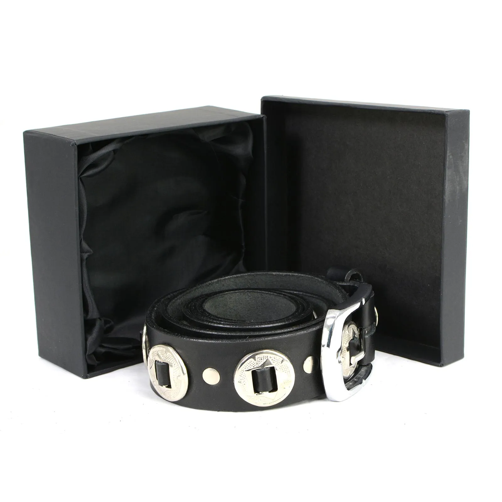 Milwaukee Leather MP7120 Men's Chrome Conchos - Black Leather Belt with Interchangeable Buckle - 1.5 inches Wide