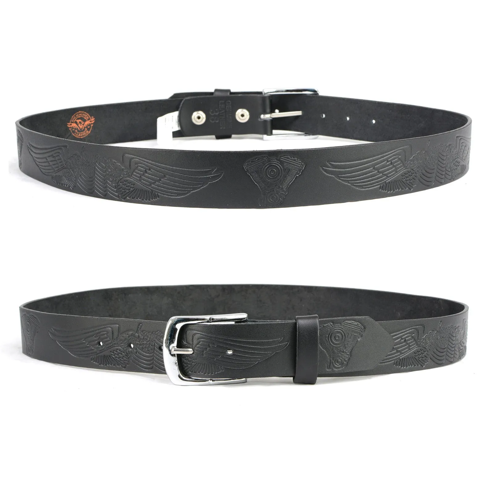 MP7122 Men's Engine Block & Wings - Black Genuine Leather Belt W/ Interchangeable Buckle - 1.5 inches Wide