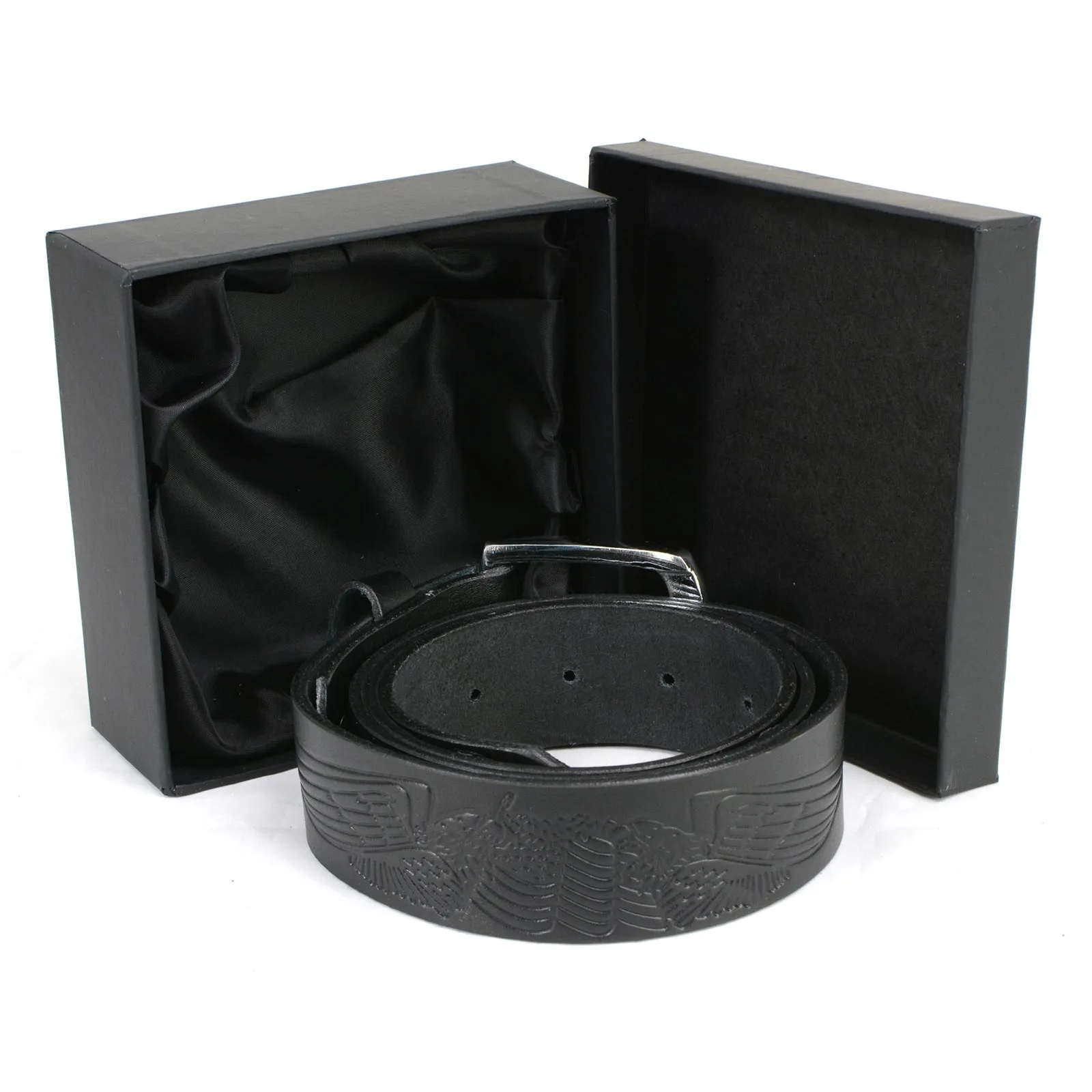 MP7122 Men's Engine Block & Wings - Black Genuine Leather Belt W/ Interchangeable Buckle - 1.5 inches Wide