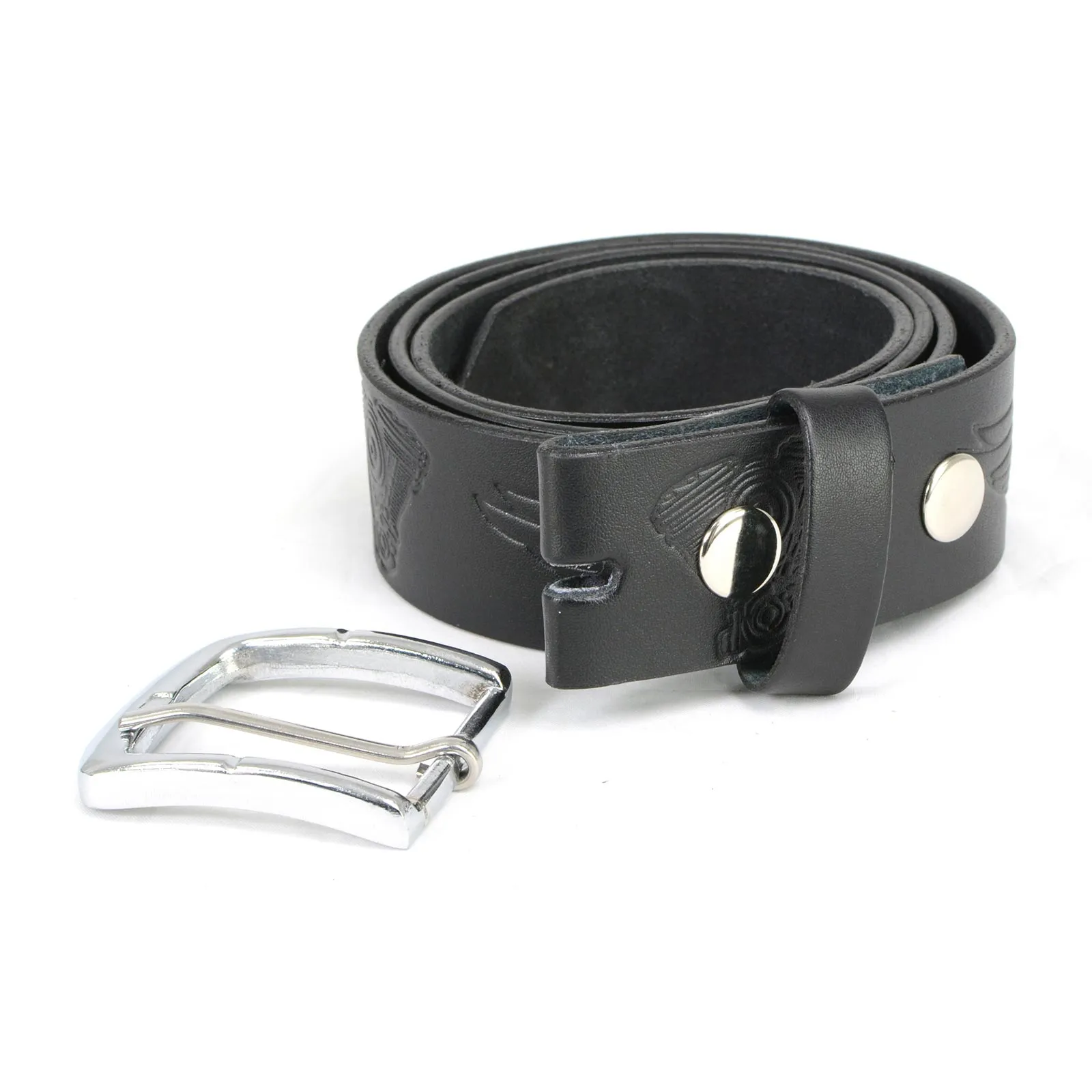 MP7122 Men's Engine Block & Wings - Black Genuine Leather Belt W/ Interchangeable Buckle - 1.5 inches Wide