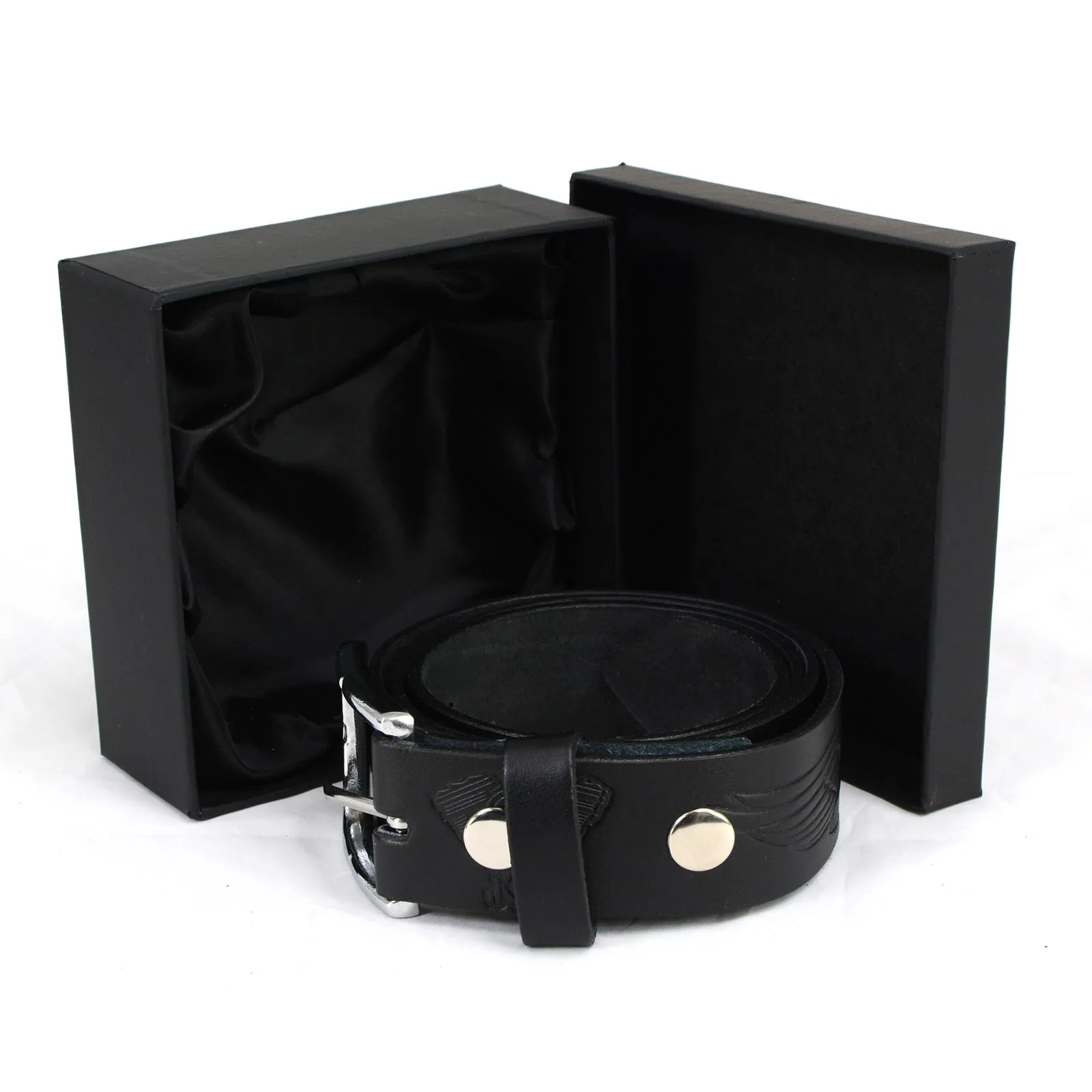 MP7122 Men's Engine Block & Wings - Black Genuine Leather Belt W/ Interchangeable Buckle - 1.5 inches Wide