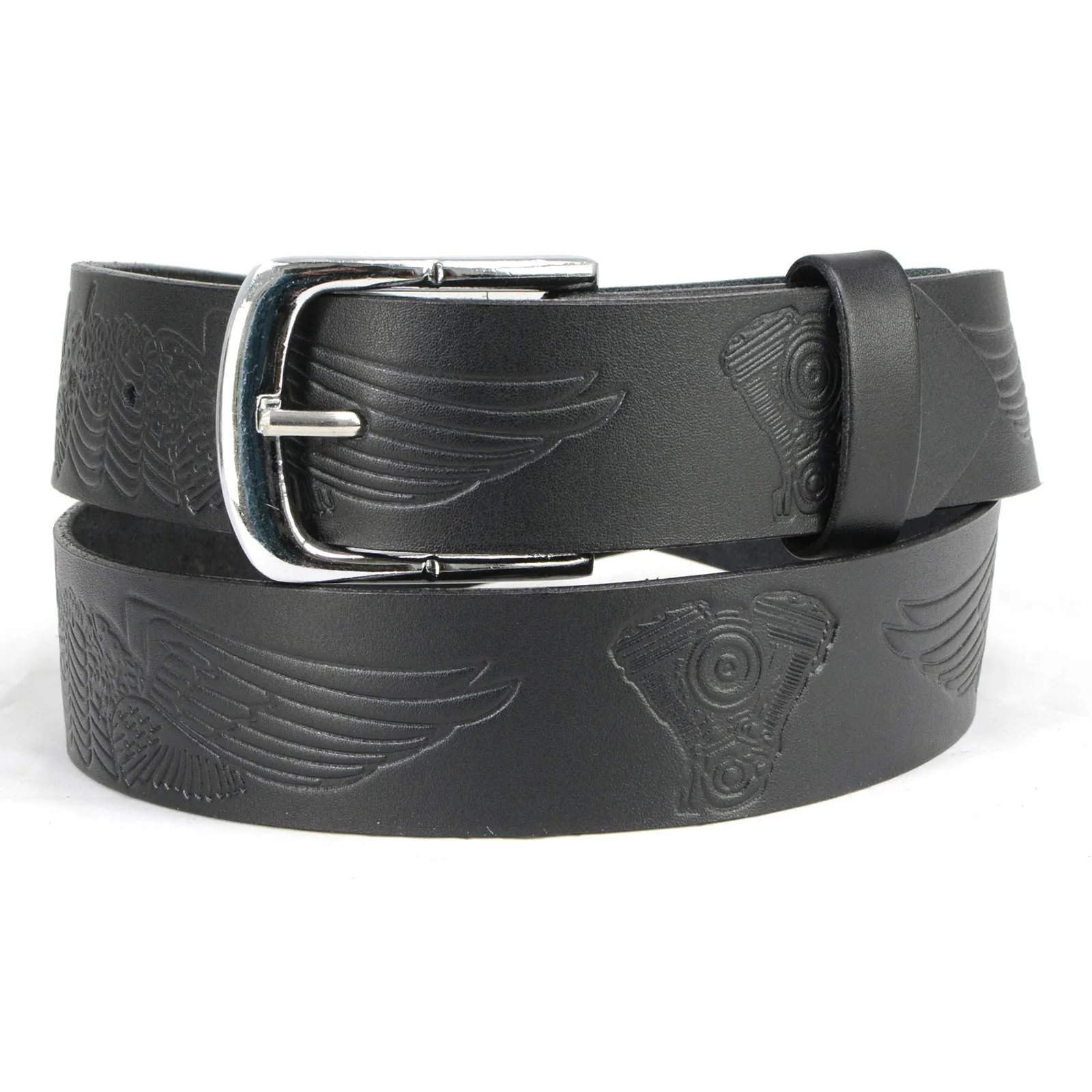 MP7122 Men's Engine Block & Wings - Black Genuine Leather Belt W/ Interchangeable Buckle - 1.5 inches Wide