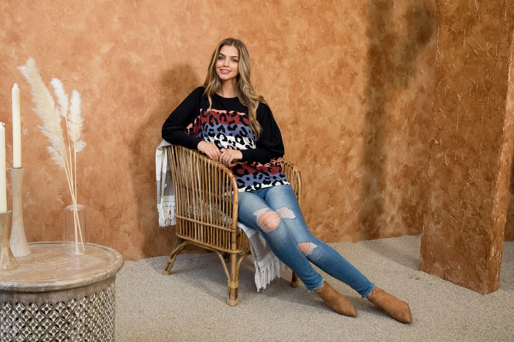 Multi-Striped Leopard Dolman Sleeve Top