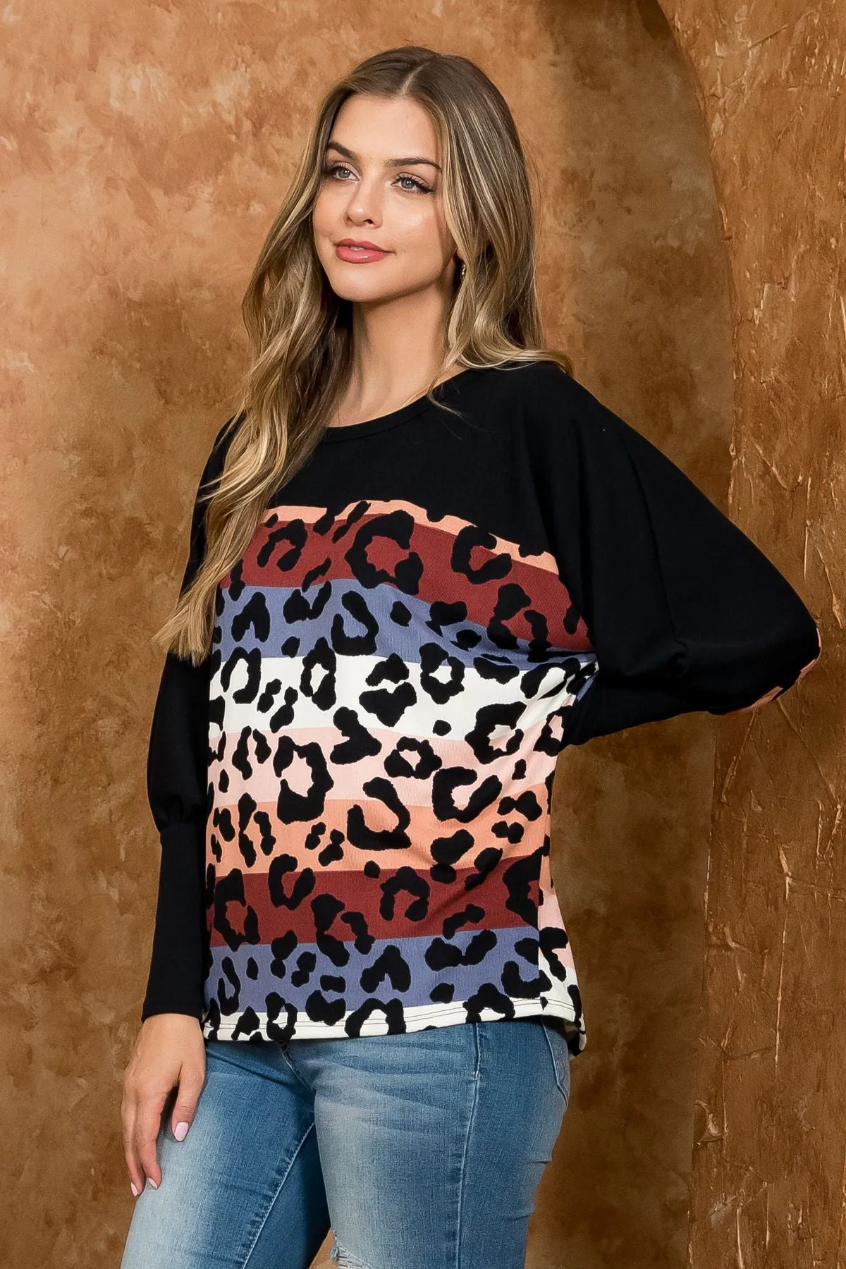 Multi-Striped Leopard Dolman Sleeve Top
