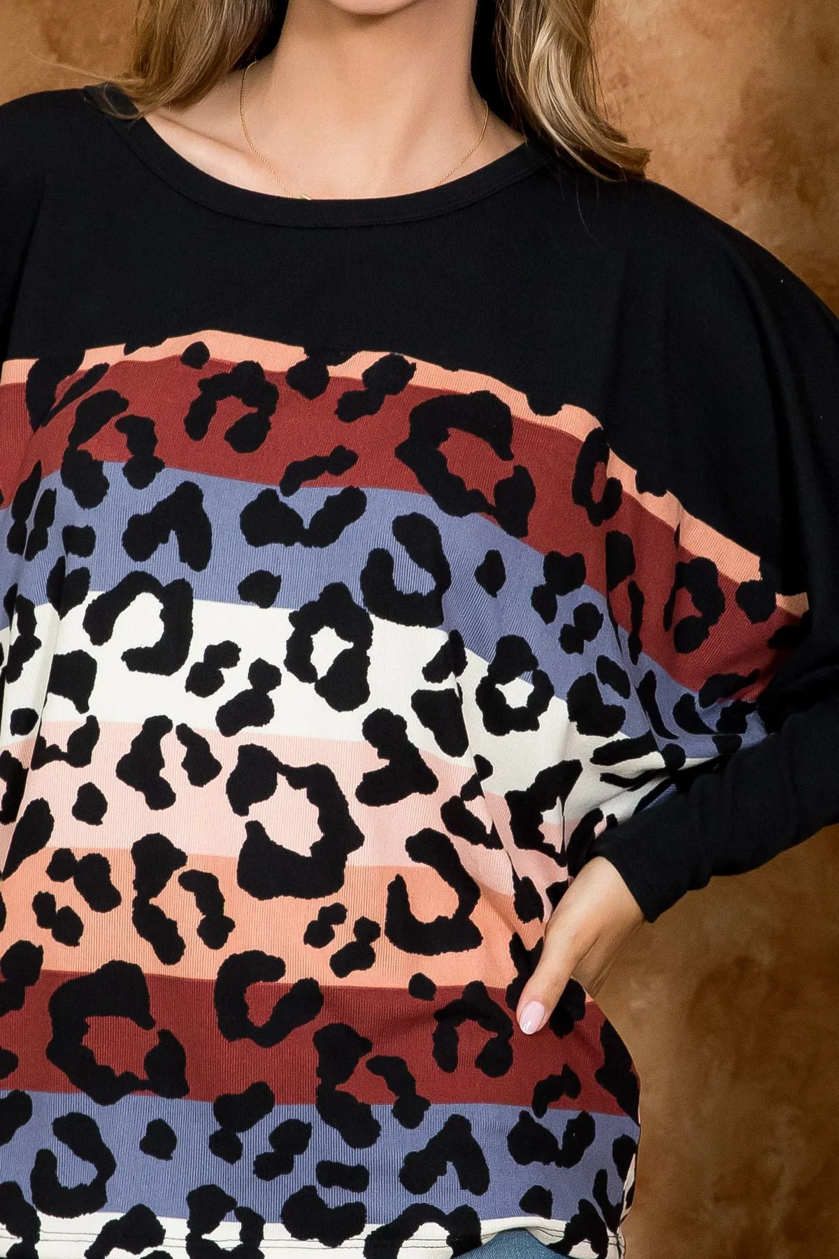 Multi-Striped Leopard Dolman Sleeve Top