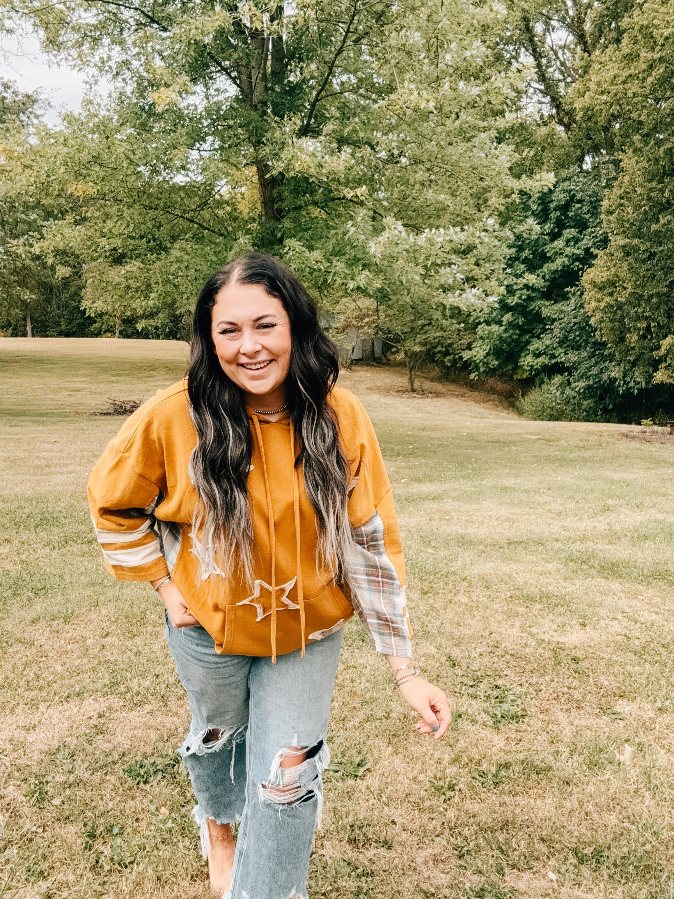 Mustard Star Patch Plaid Mix Mineral Wash Pullover