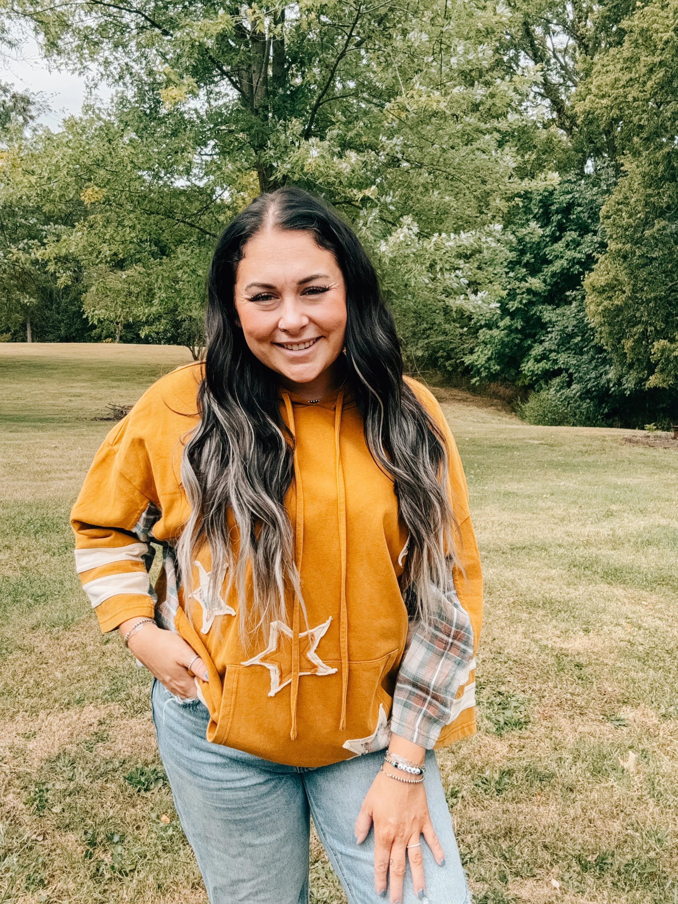 Mustard Star Patch Plaid Mix Mineral Wash Pullover