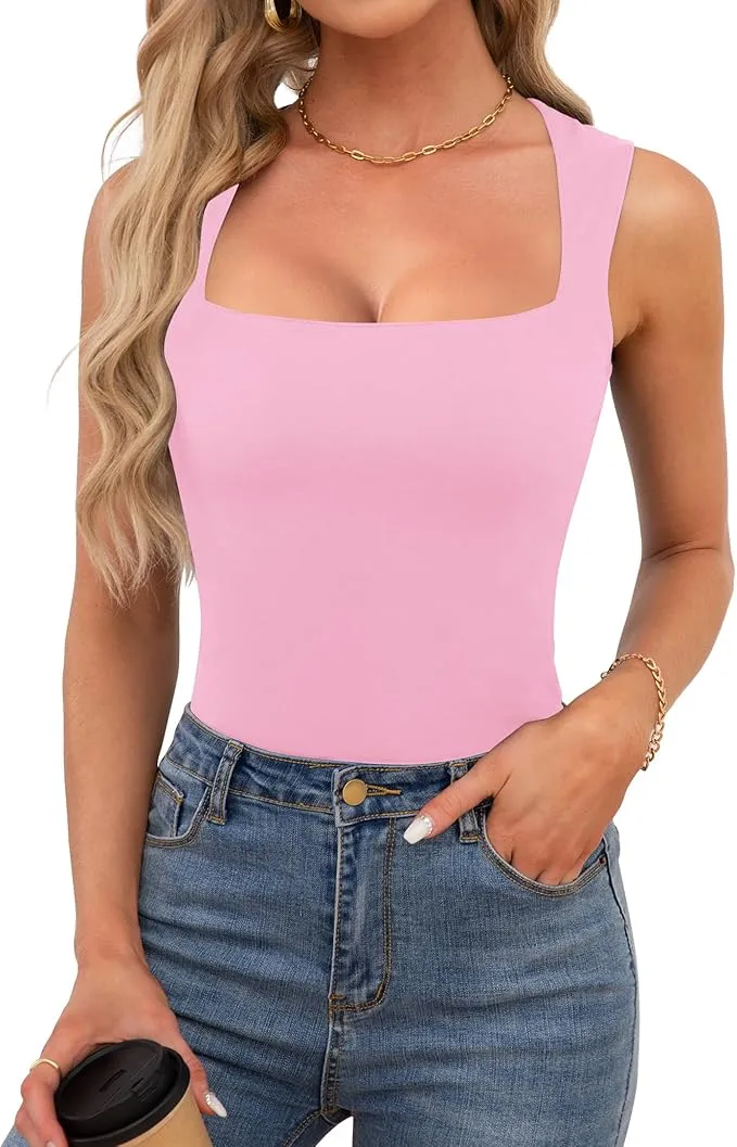 NEW HEEKPEK Bodysuit for Women Sleeveless Ribbed Square Neck One Piece Tank Tops Bodysuits Tummy Control Shapewear Sexy, Pink, Sz L