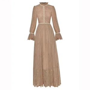 Nina Lace  Stand Collar Flare Sleeve Print  Elegant Party Vintage Dress