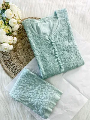 Pastel green Chikankari cotton Kurti With Pant
