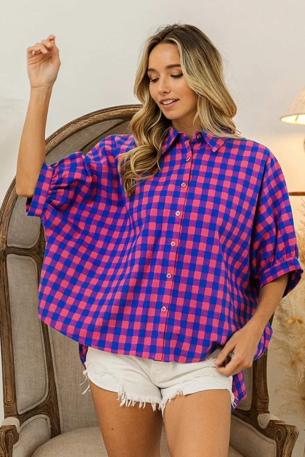 Plaid Button Up Dolman Sleeve Shirt
