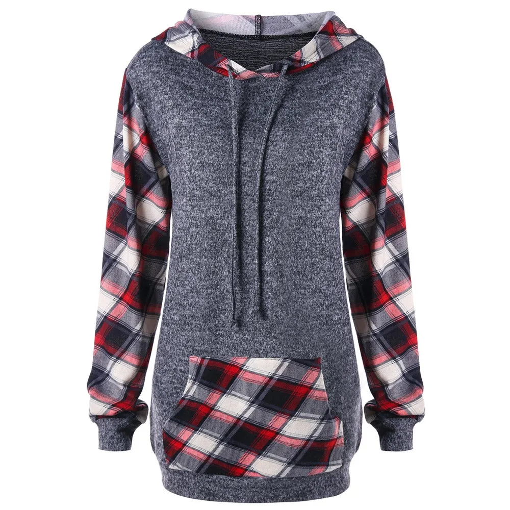 Plaid Kangaroo Pocket Tunic Hoodie 1319