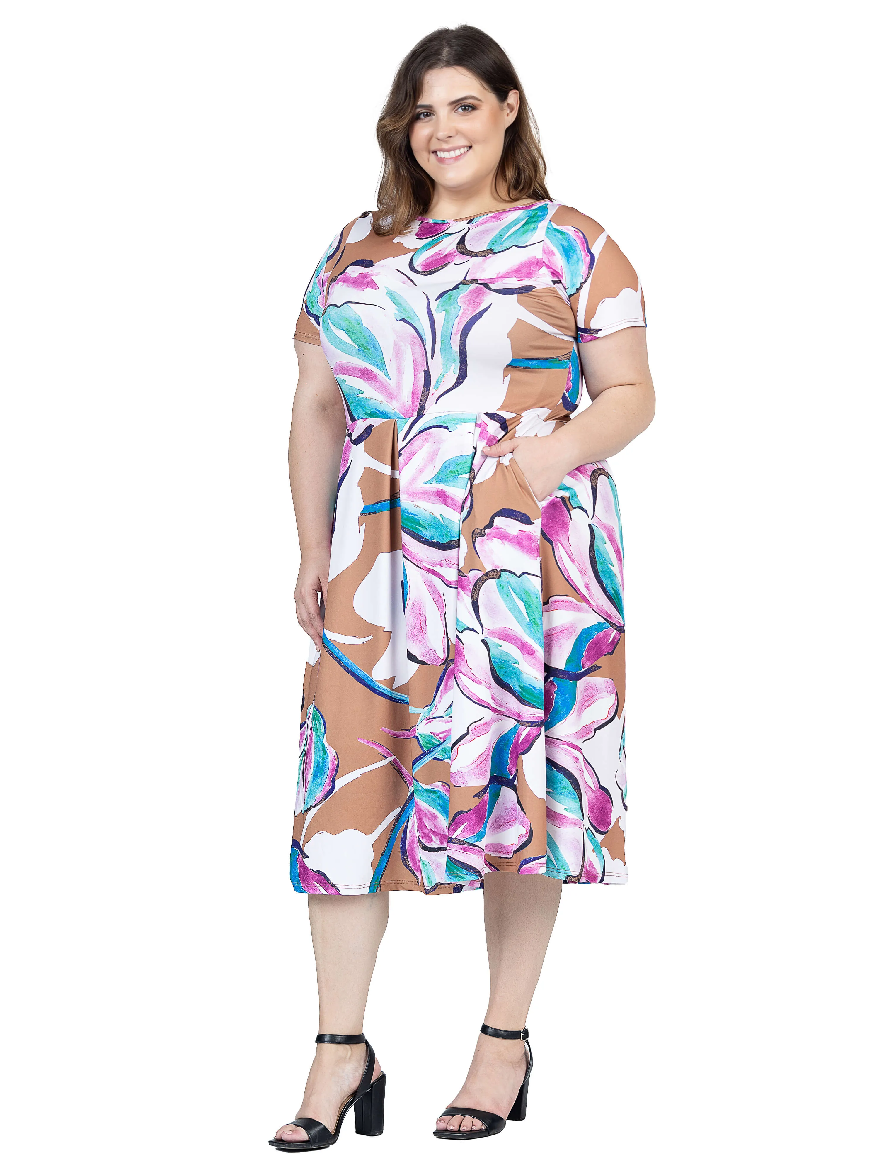 Plus Size Abstract Floral Short Sleeve Pleated Flare Midi Pocket Dress