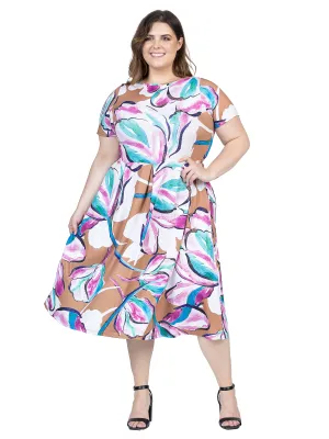 Plus Size Abstract Floral Short Sleeve Pleated Flare Midi Pocket Dress