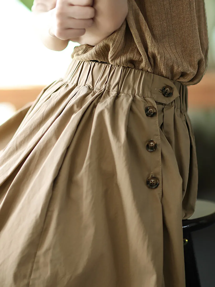 Plus SizeWomen Summer Solid Pleat Button Pocket Wide-leg Pants