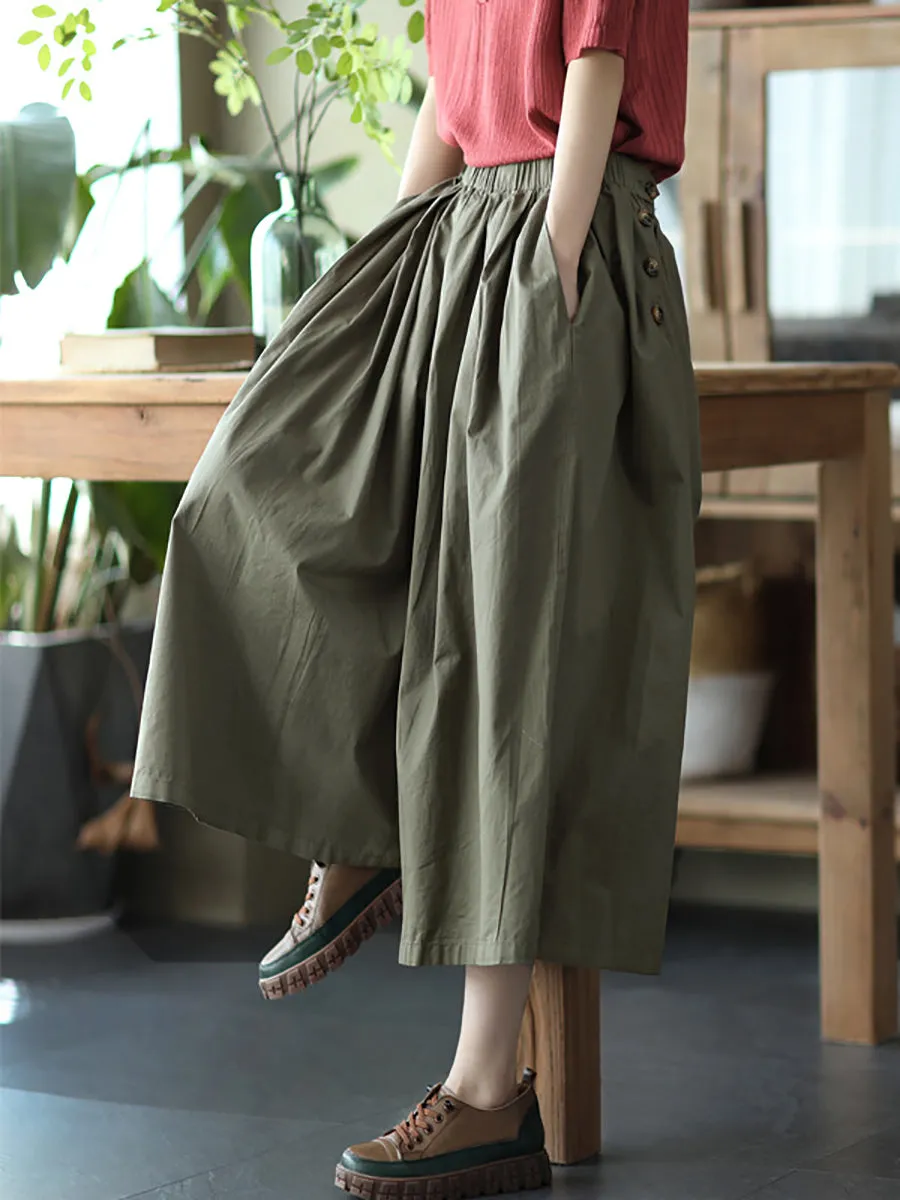 Plus SizeWomen Summer Solid Pleat Button Pocket Wide-leg Pants