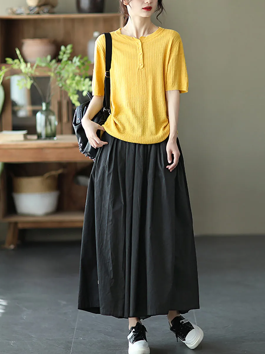 Plus SizeWomen Summer Solid Pleat Button Pocket Wide-leg Pants