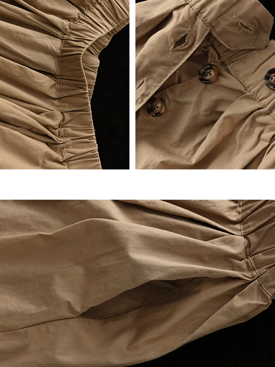 Plus SizeWomen Summer Solid Pleat Button Pocket Wide-leg Pants