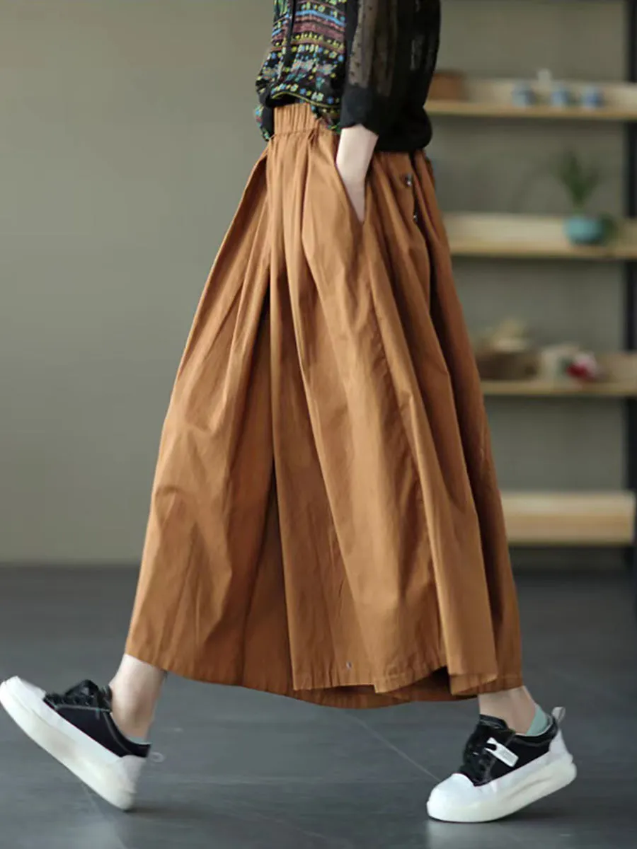 Plus SizeWomen Summer Solid Pleat Button Pocket Wide-leg Pants