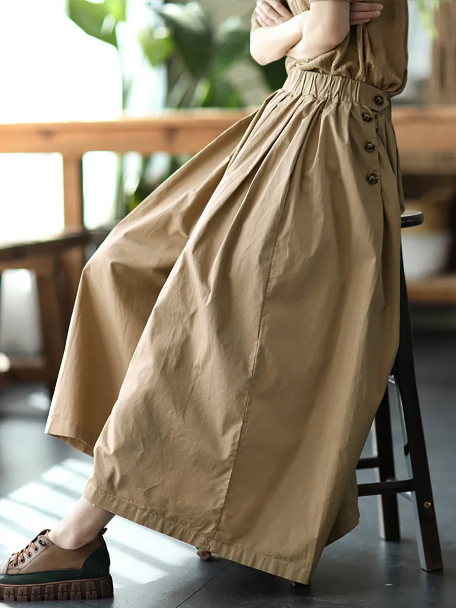 Plus SizeWomen Summer Solid Pleat Button Pocket Wide-leg Pants