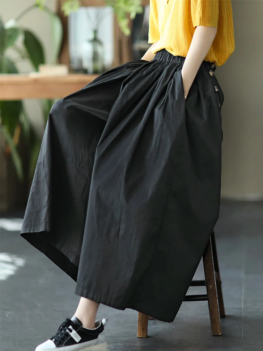 Plus SizeWomen Summer Solid Pleat Button Pocket Wide-leg Pants