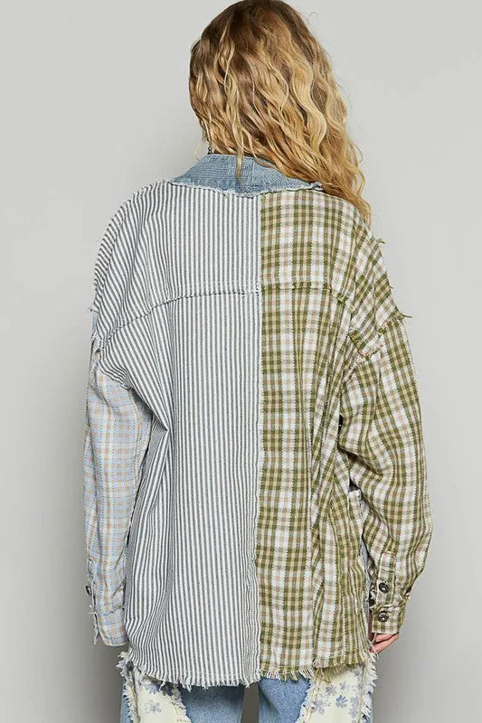 POL Raw Edge Plaid & Striped Open Front Cardigan