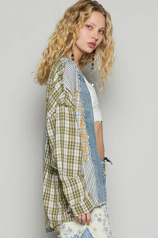 POL Raw Edge Plaid & Striped Open Front Cardigan