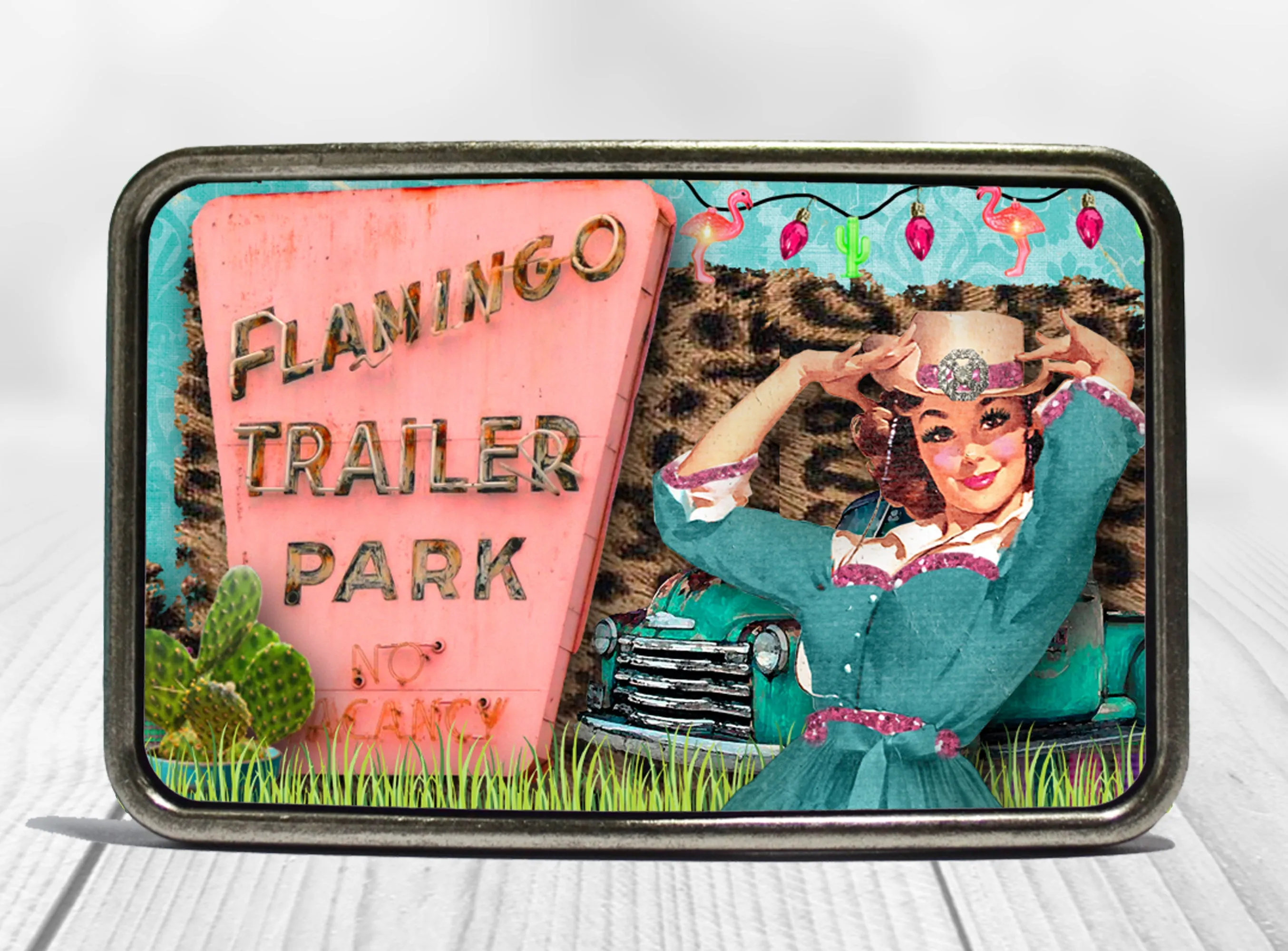 Retro Trailer Park Cowgirl Belt Buckle