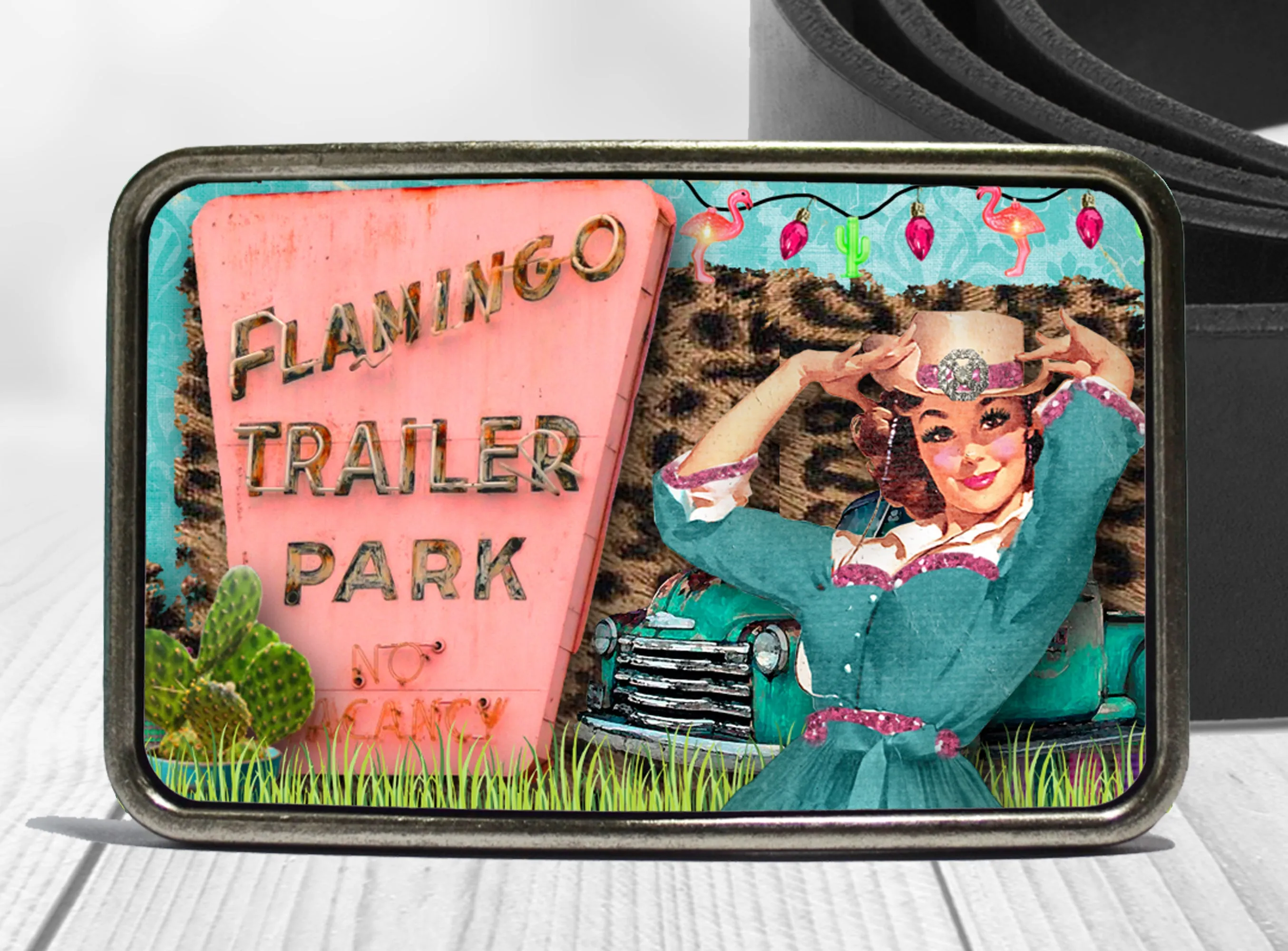 Retro Trailer Park Cowgirl Belt Buckle