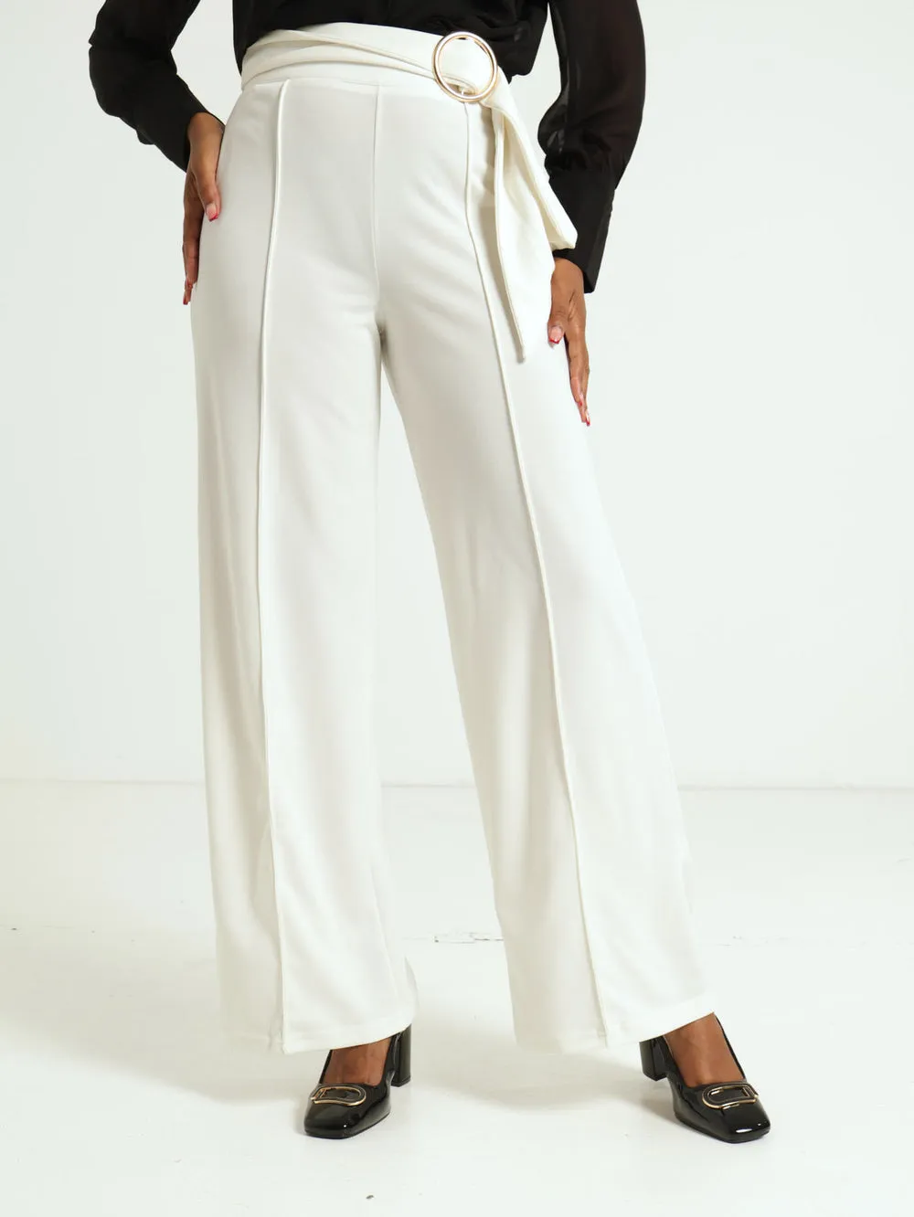 Round Buckle Wideleg Pants - Off White
