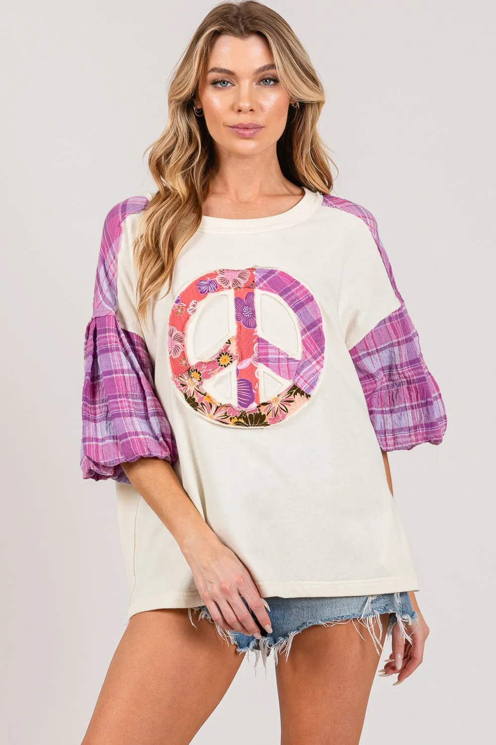 SAGE   FIG Full Size Peace Applique Patch with Plaid Contrast Top