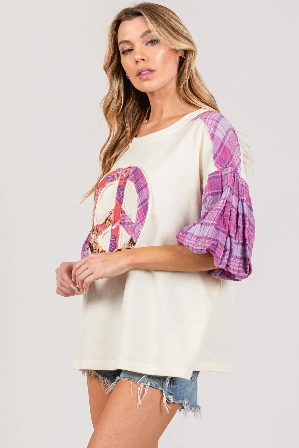 SAGE   FIG Full Size Peace Applique Patch with Plaid Contrast Top