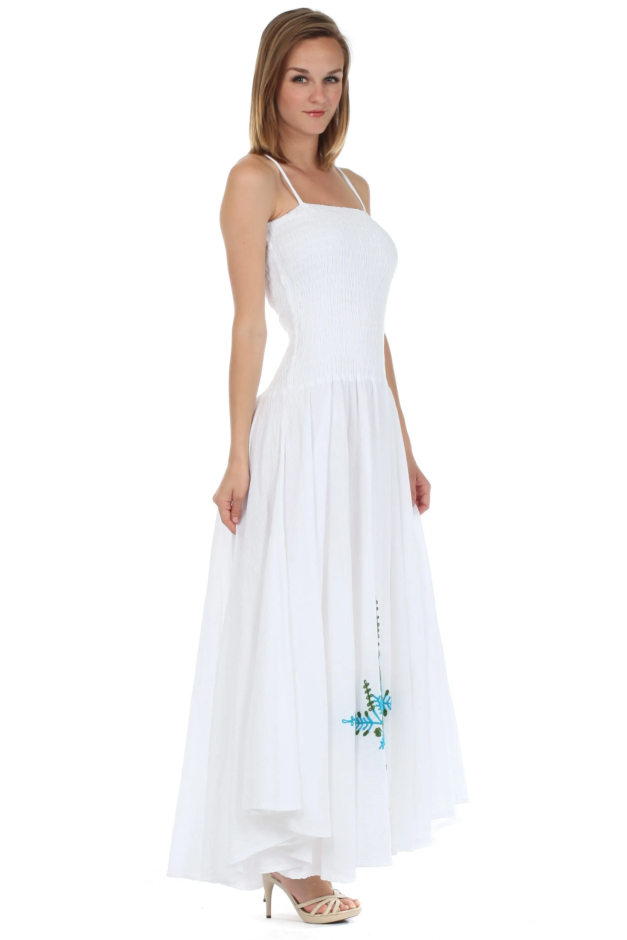 Sakkas Gauzy Cotton Yarn Embroidered Smocked Bodice Dress