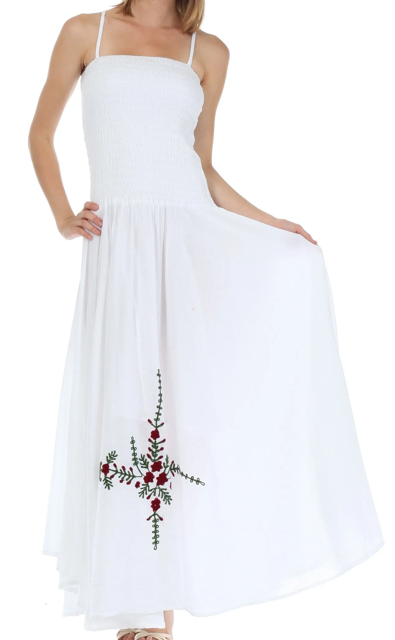 Sakkas Gauzy Cotton Yarn Embroidered Smocked Bodice Dress