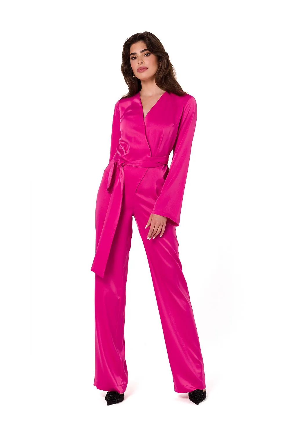 Satin V-Neck Wide-Sleeve Jumpsuit