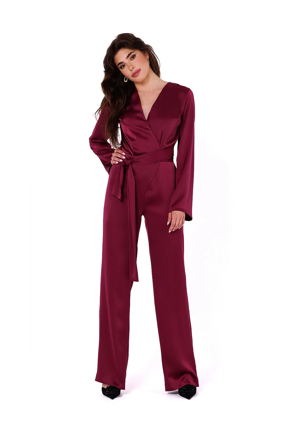 Satin V-Neck Wide-Sleeve Jumpsuit