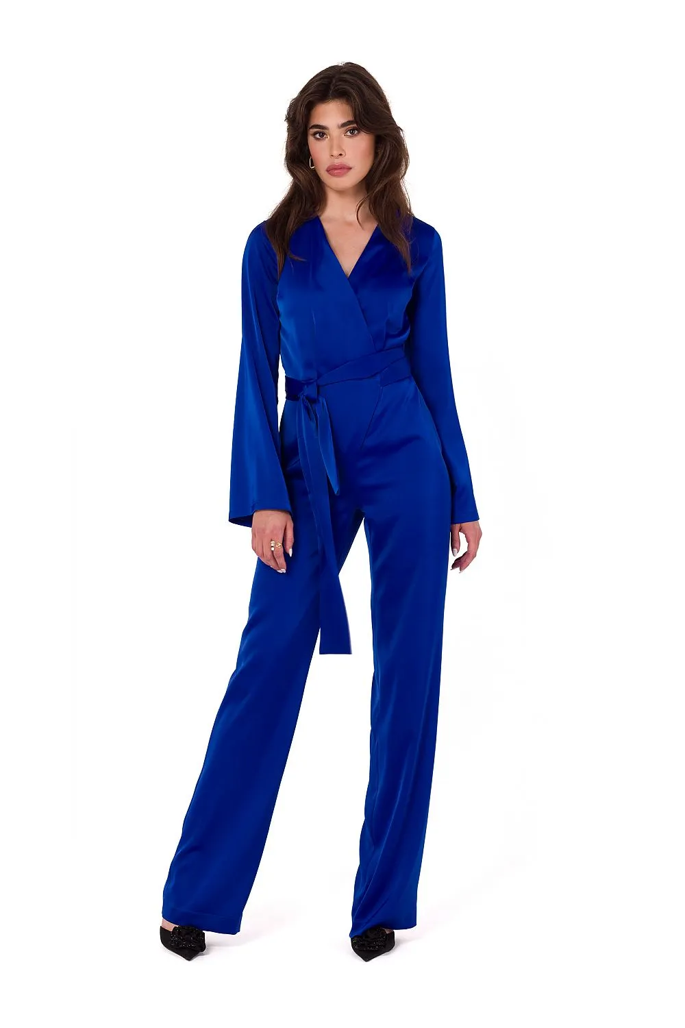 Satin V-Neck Wide-Sleeve Jumpsuit