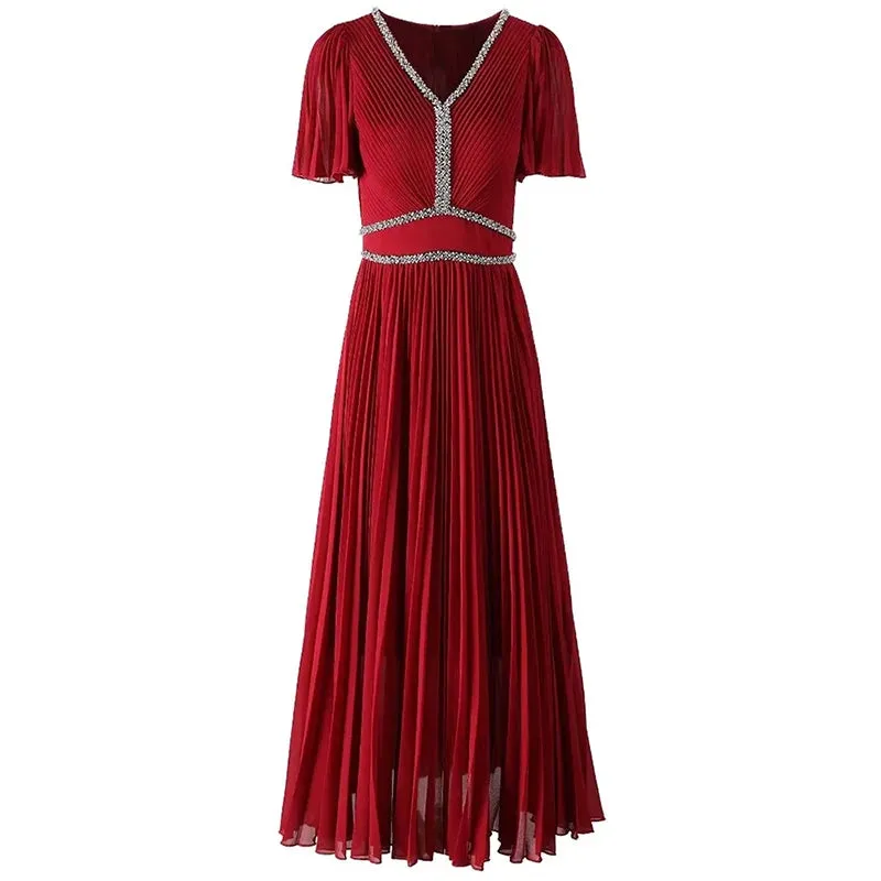 Sawyer  V-Neck Flare Sleeve  Vintage Party Pleated Dress