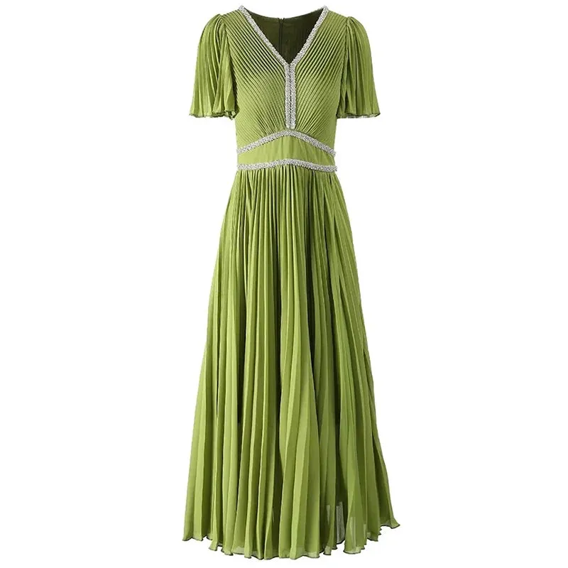 Sawyer  V-Neck Flare Sleeve  Vintage Party Pleated Dress