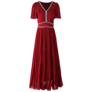Sawyer  V-Neck Flare Sleeve  Vintage Party Pleated Dress