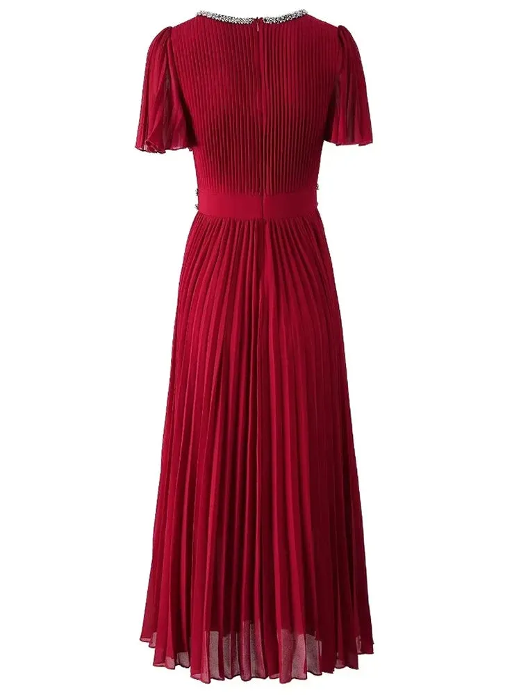 Sawyer  V-Neck Flare Sleeve  Vintage Party Pleated Dress