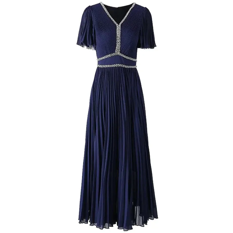Sawyer  V-Neck Flare Sleeve  Vintage Party Pleated Dress