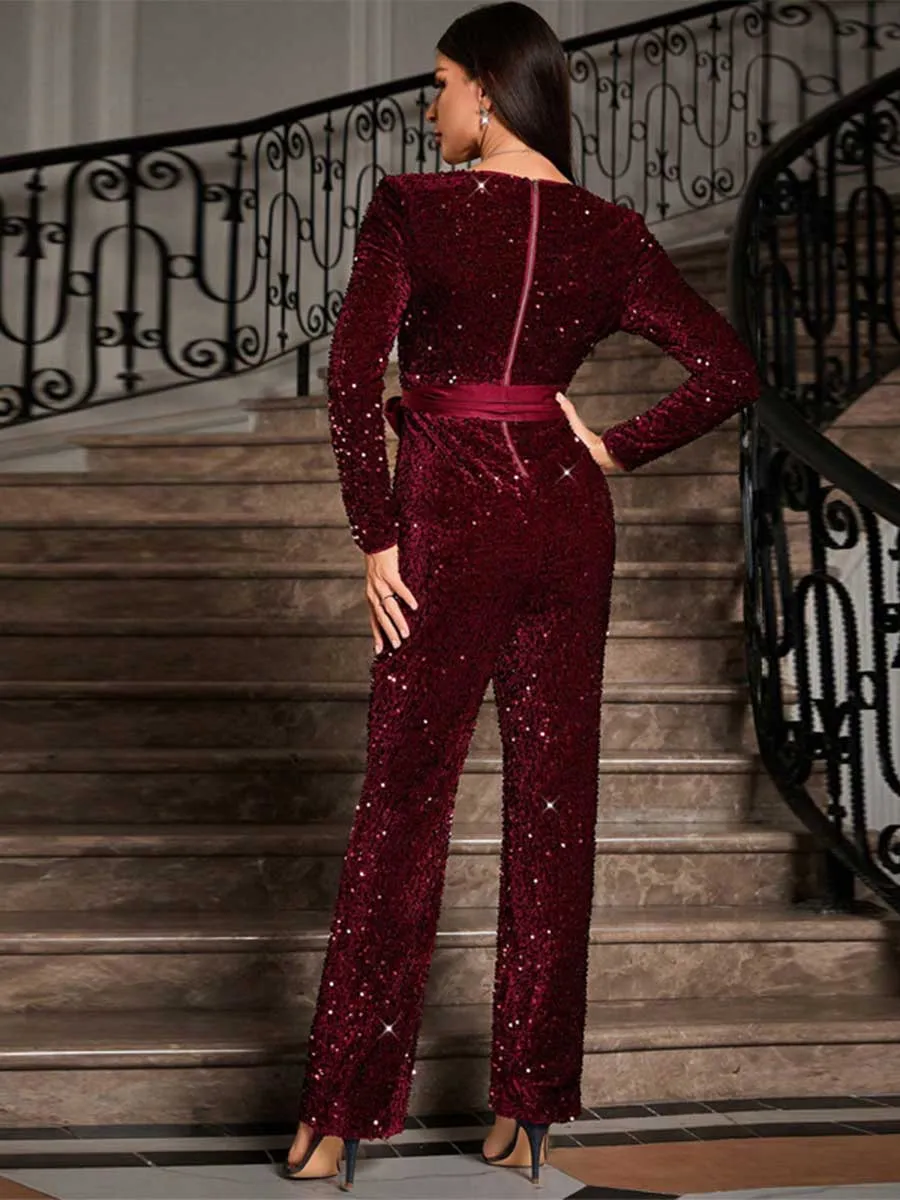 Sequin Long Sleeve Tie-Waist Jumpsuit with Bow Detail
