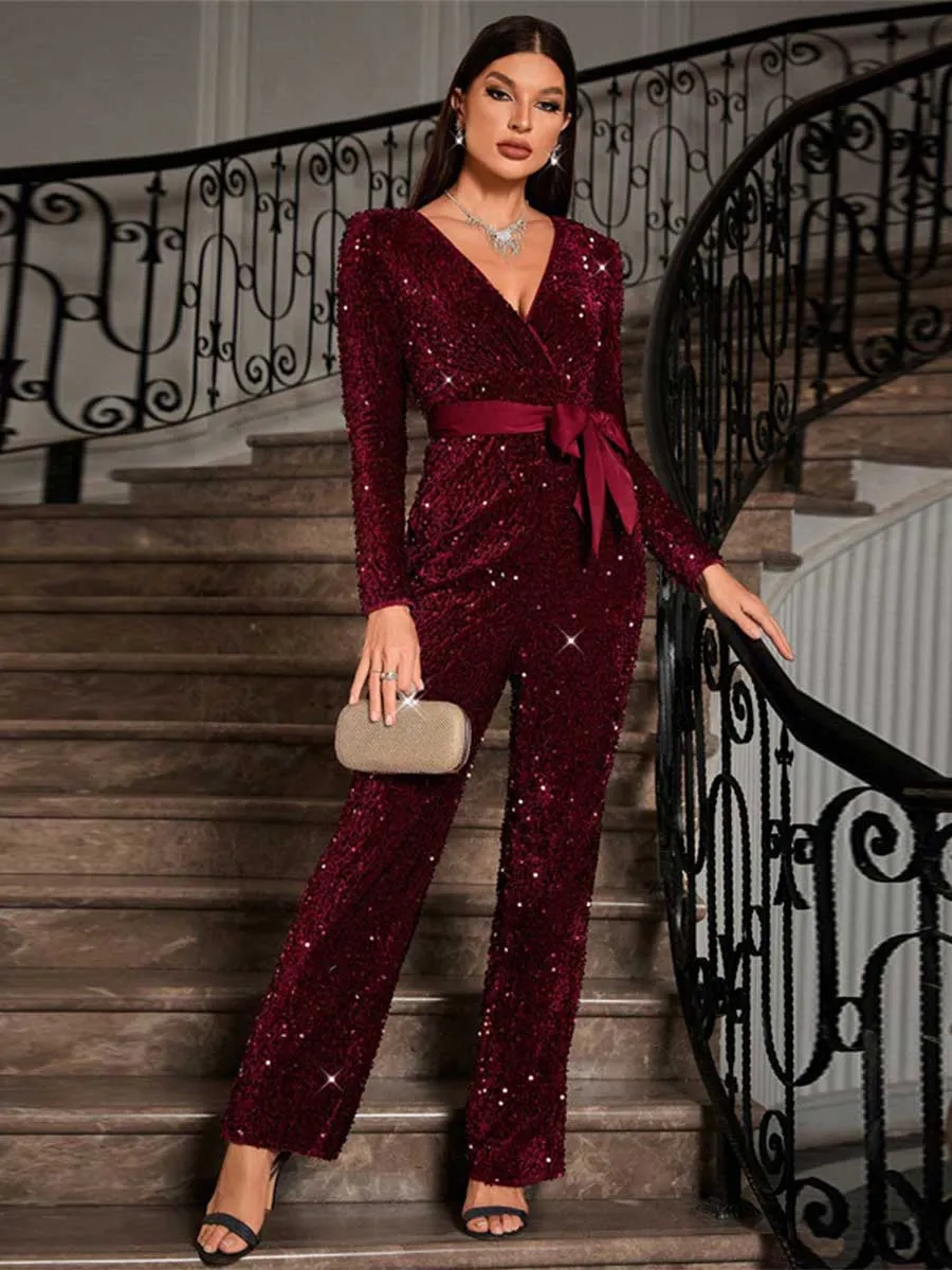 Sequin Long Sleeve Tie-Waist Jumpsuit with Bow Detail