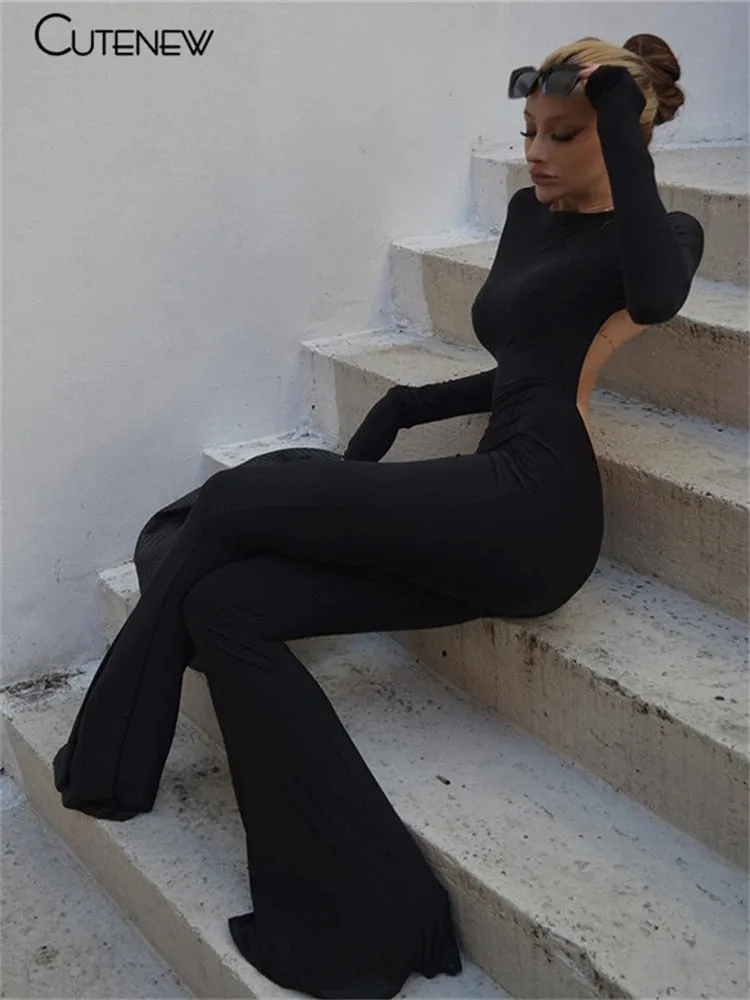 Sexy Backless Bodycon Flare Leg Jumpsuit Casual Slim Long Sleeve O-Neck Playsuit
