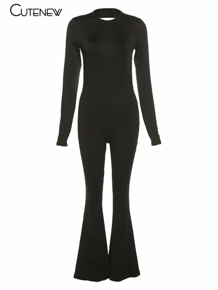 Sexy Backless Bodycon Flare Leg Jumpsuit Casual Slim Long Sleeve O-Neck Playsuit