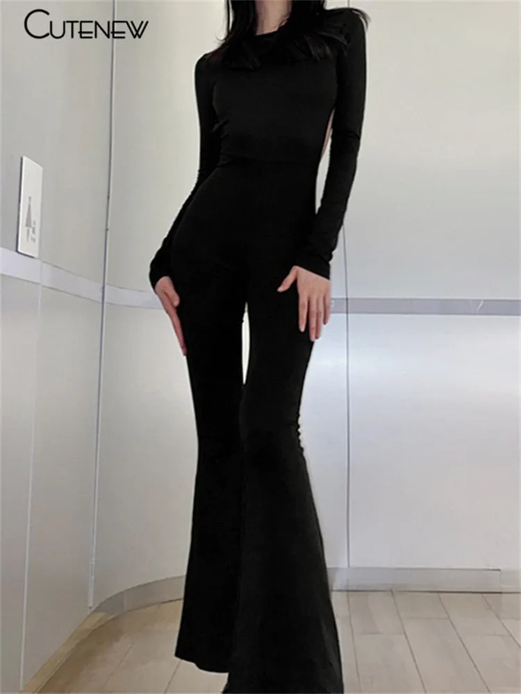 Sexy Backless Bodycon Flare Leg Jumpsuit Casual Slim Long Sleeve O-Neck Playsuit