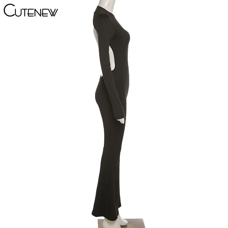 Sexy Backless Bodycon Flare Leg Jumpsuit Casual Slim Long Sleeve O-Neck Playsuit