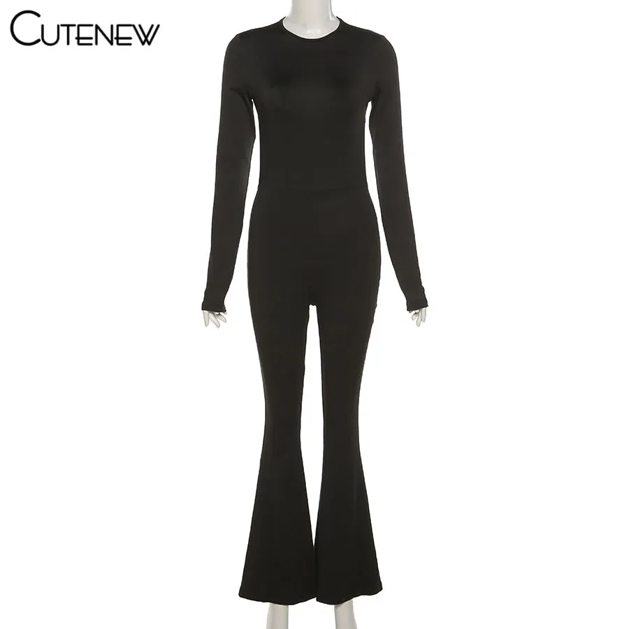Sexy Backless Bodycon Flare Leg Jumpsuit Casual Slim Long Sleeve O-Neck Playsuit